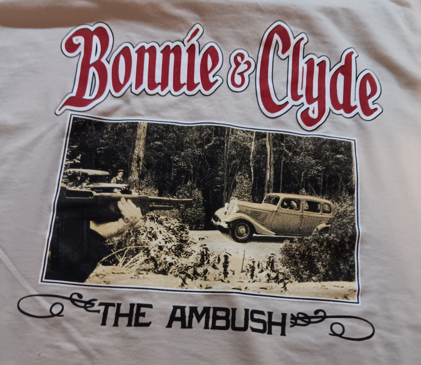 Bonnie and Clyde Ambush Museum Tan Tee Shirt Sm-Med-Lg